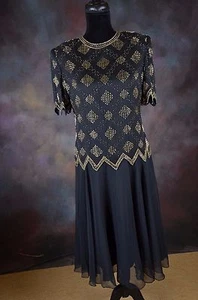 VTG Brilliante by J.A. Black Gold Silver Beaded cocktail Dress Size M (A) - Picture 1 of 7