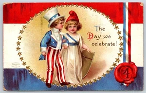 Clapsaddle Patriotic~Boy Uncle Sam & Lady Liberty~July 4 Red Wax Seal~Gold Stars - Picture 1 of 2
