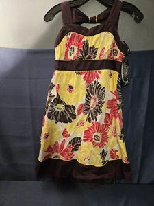 Girls Size 14 Dress Yellow Brown Red Flowers Tie Back NWT - Picture 1 of 12