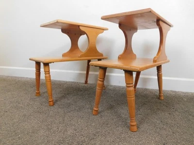 Retro VTG Pair Fits-Anywhere 11" W - Solid Maple Side Step End Tables Stands MCM - Image 1 of 4