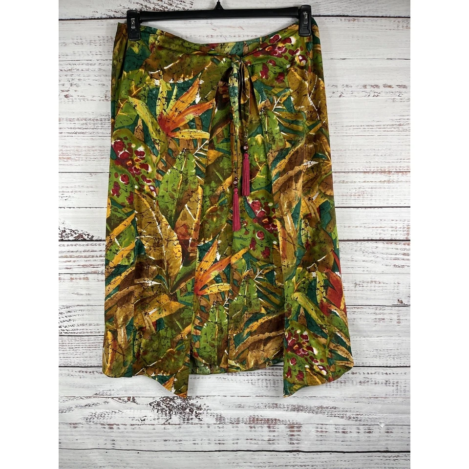 Falda suave envolvente para mujer pequeña con estampado de hojas verdes boho midi borla corbata Foto 1 de 4