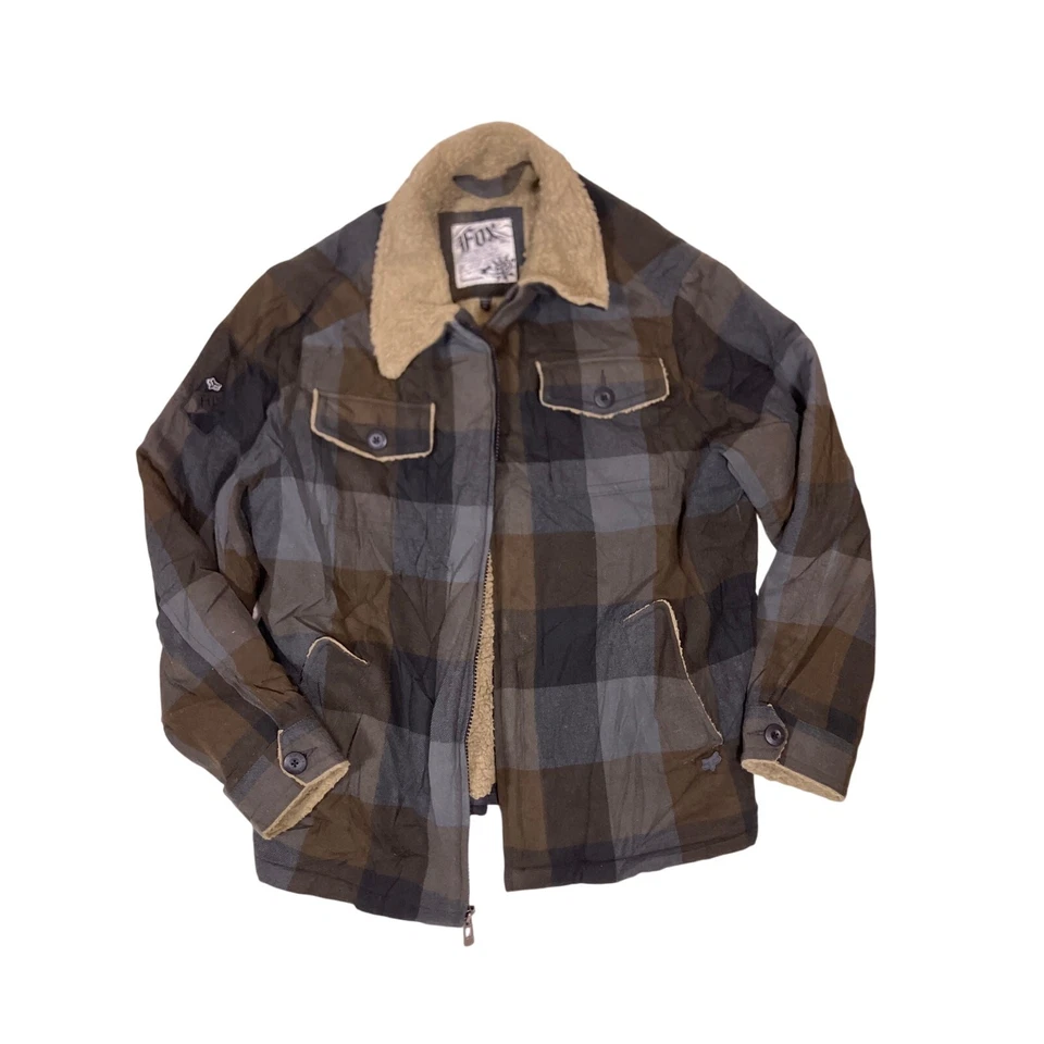 Chaqueta de Franela Fox Racing De Colección Forrada Sherpa Para Hombres XL - Marrón Gris A Cuadros Cremallera Foto 1 de 4