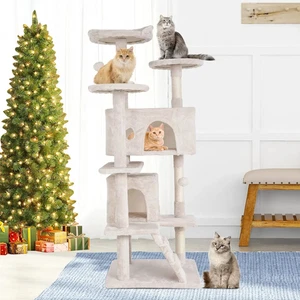 54-In Double Condo Cat Tree Tower Playhouse with Scratching Post & Perch for Ind - Picture 1 of 12