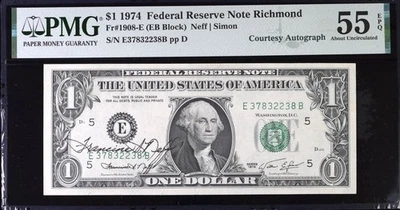 1974 $1 Richmond *AUTOGRAPH* Federal Reserve Note FRN • 1908-E PMG 55 EPQ - Image 1 of 2