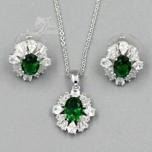 Women Jewelry Set Green Cubic Zirconia Necklace Earrings Silver Wedding Gift 014 - Picture 1 of 8