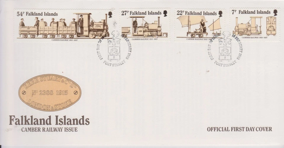 GB Falkland Is 1985 Camber Railway 70 aniversario/locomotora SG 497-500 FDC Foto 1 de 1