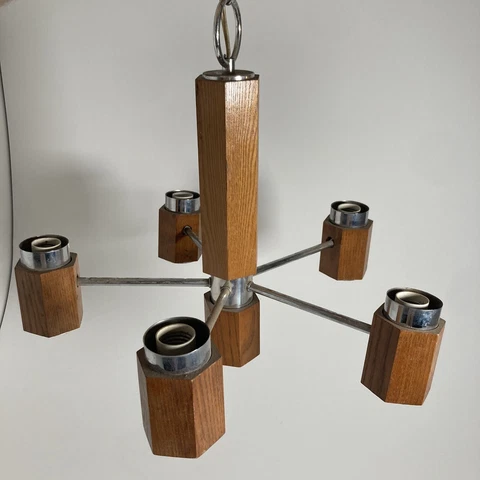 Vintage MCM Wood and Chrome Hanging Chandelier Lamp Light -Five Arm Cover