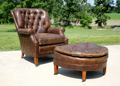 Vintage Leather Wingback Chair and Ottoman brown North Hickory Furniture Co Cover