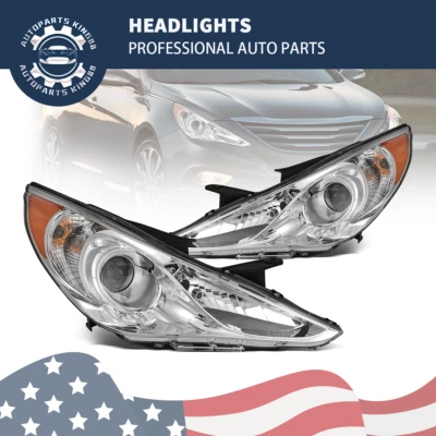 Headlights For 2011-2014 Hyundai Sonata Chrome Housing Projector Headlamps Pair - Image 1 of 4