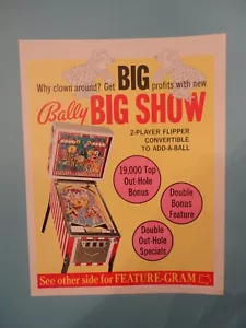 Folleto autografiado original de máquina de pinball Big Show Bally - Imagen 1 de 3