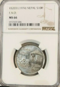 1974 NEPAL SILVER 10 RUPEE F.A.O. NGC MS 66 RARE PQ BEAUTY TOP POP 1 - Picture 1 of 4