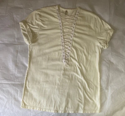 Emma & Sam Ivory Deep V-Neck Oversized White Lace Up Grommet T-Shirt Tunic Shirt - Image 1 of 4