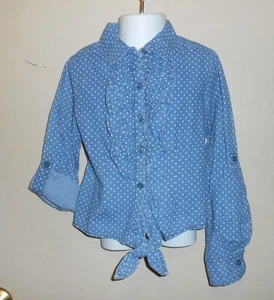 Arizona Jean Co Girls Convertible Sleeve Ruffle Denim Dotted Blouse S/6-6X NWT - Picture 1 of 2