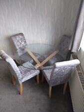 Round Glass Oak Table With Four Dining Chairs In Silver/grey Crushed Velvet