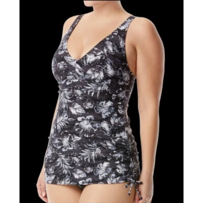 TYR Boca V-Neck Sheath One Piece Swimsuit Swimdress Ruched Floral Black Gray 12 - Image 1 of 4