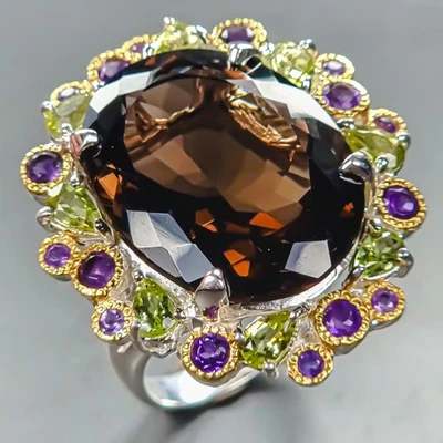 Anillo de cuarzo ahumado natural de 37 quilates con piedras preciosas de plata de ley 925 talla 8/R442463 Foto 1 de 4