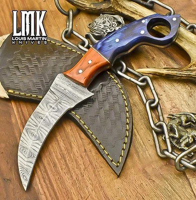LMK Hand Forged Karambit Knife Twist Damascus Hard Wood Wooden Bolster Gift - Image 1 of 4