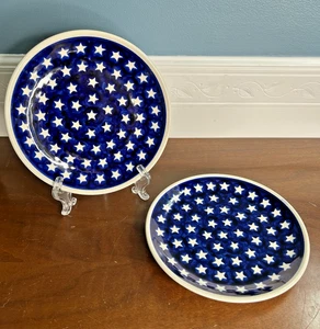 2 Boleslawiec Polish Pottery Blue White Stars Salad Plates set 7 5/8 in - Picture 1 of 5