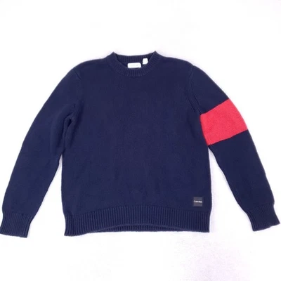 Calvin Klein Men's Sweater L Navy Red Stripe Sleeve Cotton Silk Crew Neck - Image 1 of 4