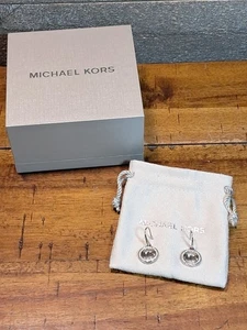 Michael Kors Earringa Silver Tone, Crystal Round MK Logo Charm - Picture 1 of 4
