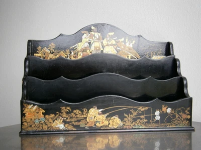 Trieur Courrier c-1880 Noir laqué Napoléon III décor Japon Samouraï Ancien - Photo 1/4