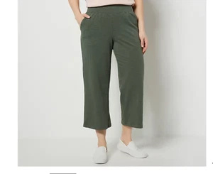 Denim & Co. Active Textured French Terry Wide-Leg Crop Pants Dark Olive - Picture 1 of 3