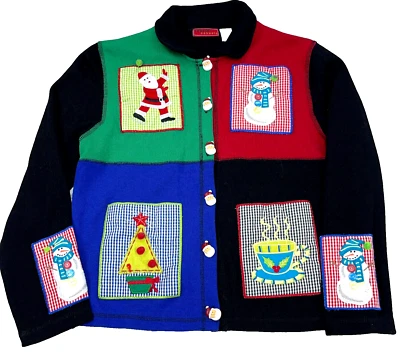 Suéter Vintage Navidad Mujer Cárdigan Mediano Papá Noel Muñeco de Nieve Bloque de Color Y2K 00s Foto 1 de 4