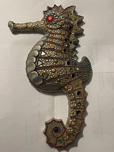 Seahorse Wall Hanging 12” Silver Color Faux Jewels Mosaic Beach Ocean Sea Decor - Picture 1 of 5