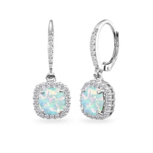 925 Silver Simulated Opal Cushion-Cut Dangle Earrings with White Topaz Accents - Picture 1 of 3