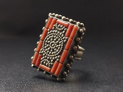 Vintage Near Eastern Silver Ring Coral Inlaid Filigree Artist Signed Handcrafted - Image 1 of 4