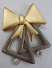 Brooch Stylized Bells Grey Metal Gold Metal Bow 2 Clear Stones  2 1/4" X2"