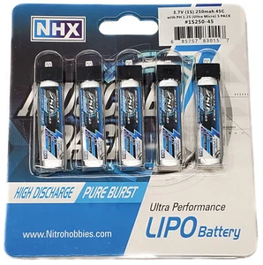 NHX Muscle Pack 1S 3.7V 250mAh 45C Lipo Battery w/ Ultra-Micro (5 PACK) - Picture 1 of 4