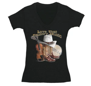 Womens Love That Country Music Musician Bluegrass Fiddle Banjo V-Neck T-Shirt - Picture 1 of 5