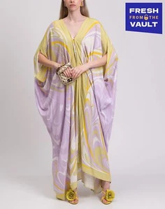 RRP €1200 EMILIO PUCCI Satin Kaftan Maxi Dress One Size Onde-Print Oversized - Imagen 1 de 11