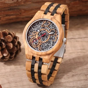 Handmade Men's Watch Natural Wood Quartz Wristwatch Wheel Dial Full Bamboo Strap - Picture 1 of 9
