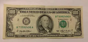 $100, Federal Reserve Note, 1993, B2 - New York District, S# B 73982496 A - Picture 1 of 4