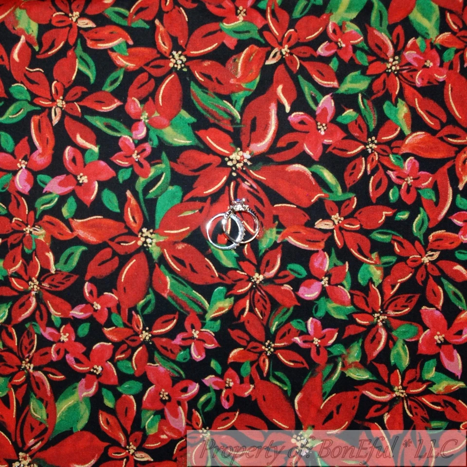 BonEful Fabric Cotton Quilt Black Red Xmas Flower Gold Metallic Garden NEW SCRAP - Image 1 of 4