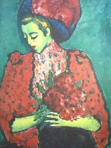 Vintage Abstract Art Print Girl with Peonies Jawlensky 27 x 20" - Picture 1 of 7