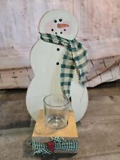 Wooden happy snowman tealight holder Xmas Decor figure heart plaid