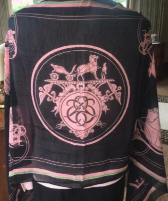 NWT Hermes #07 ExLibris Cotton/Silk Mousseline Scarf Stole Pareo Noir/Rose/Vert - Image 1 of 4