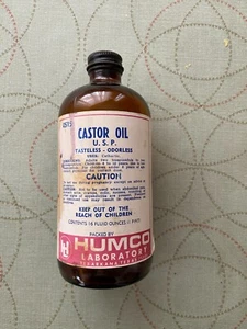 VINTAGE CASTOR OIL AMBER APOTHECARY BOTTLE HUMCO LABS 9515 16OZ PHARMACY - Picture 1 of 5
