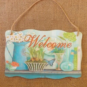 Vintage Country Blue Butterfly Floral Wooden Plaque Welcome Hanging Sign on Jute - Imagen 1 de 5
