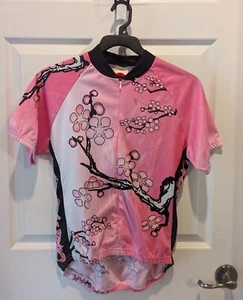 Ladies Pink Cherry Blossom Print World Jerseys Cycling Shirt w/3 Pockets Sz L - Picture 1 of 9