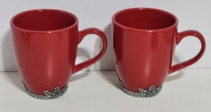 Arthur Court "Holly" Coffee Mug Red Christmas Earthen Metalware Pair - Set Of 2 - Picture 1 of 9