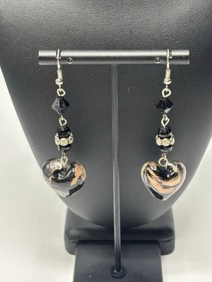 Murano Heart Glass Earrings Rhinestone Dangle Hook Black Gold - Image 1 of 4