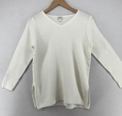 EILEEN FISHER Sweater S Stitch Plaid Waffle Cotton Tunic Pullover White VTG - Image 1 of 4