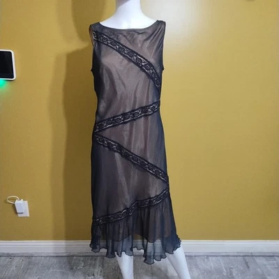 Винтажный 90-х ABS Allen Schwartz Slvless чистый оборки миди платье w вышивка ленты 12 - Изображение 1 из 4