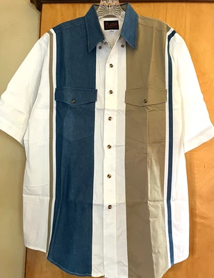 PLAINS WESTERN WEAR TAN BLUE DENIM WHITE STRIPE 100% COTTON SHORT SLEEVE SHIRT L - Image 1 of 4