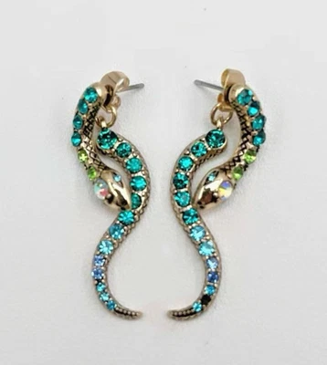 Pendientes BETSEY JOHNSON Azul/Verde Cristal Iridiscente Tono Dorado Serpiente Delantero Trasero Foto 1 de 4