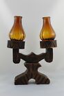 Chandelier Of Wood And Tulips In Glass Amber, 2 Velas. Vintage Rustic